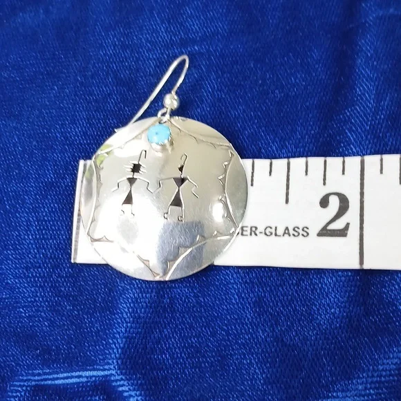 Native American Hook Earrings Sterling Silver Cut Out Figures and Turquoise - Picture 8 of 12